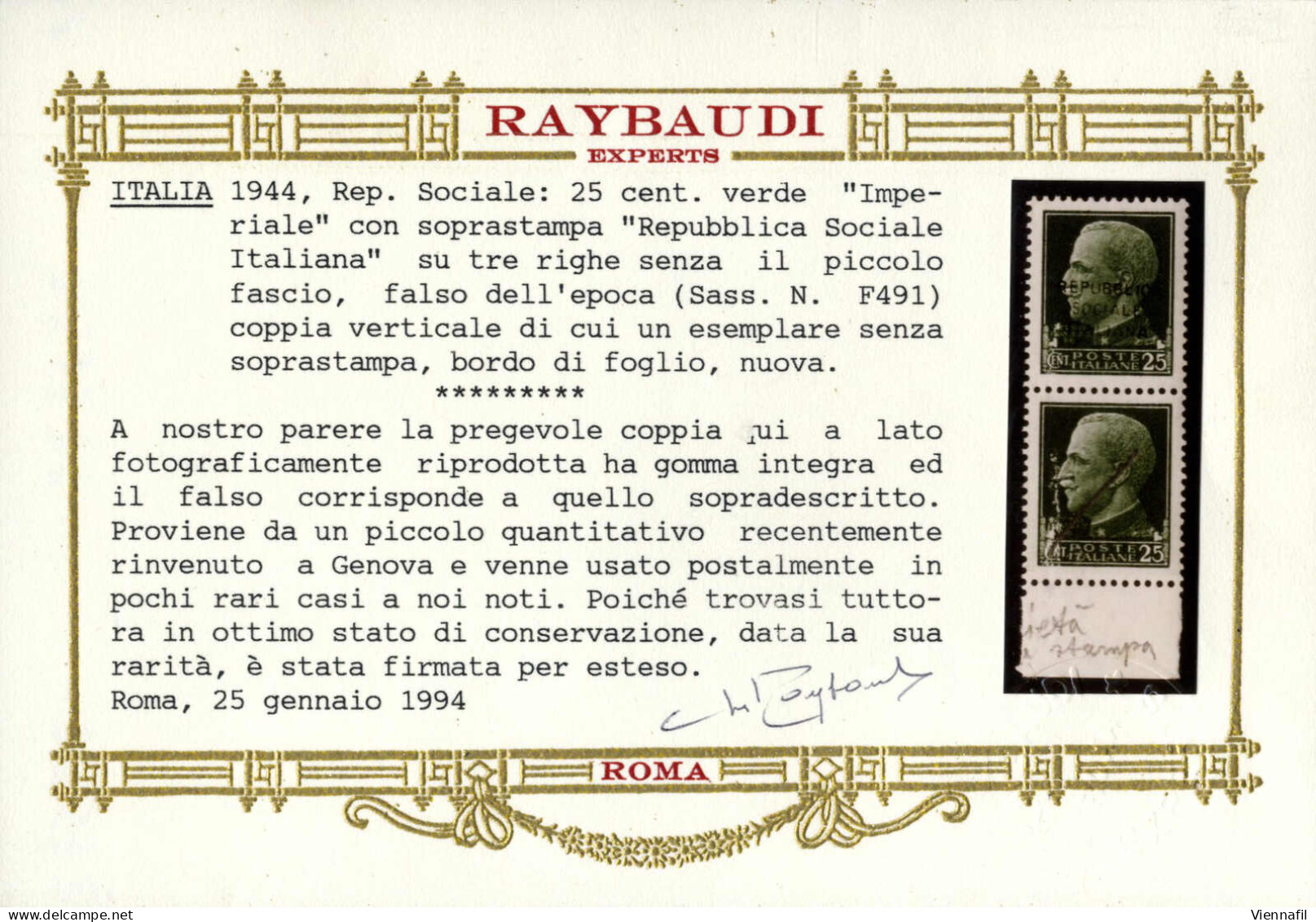 **/pair 1944, 25 C. Verde Con Soprastampa "Repubblica Sociale Italiana" Su Tre Righe Senza Il Fascetto, Falso Dell'epoca - Altri & Non Classificati