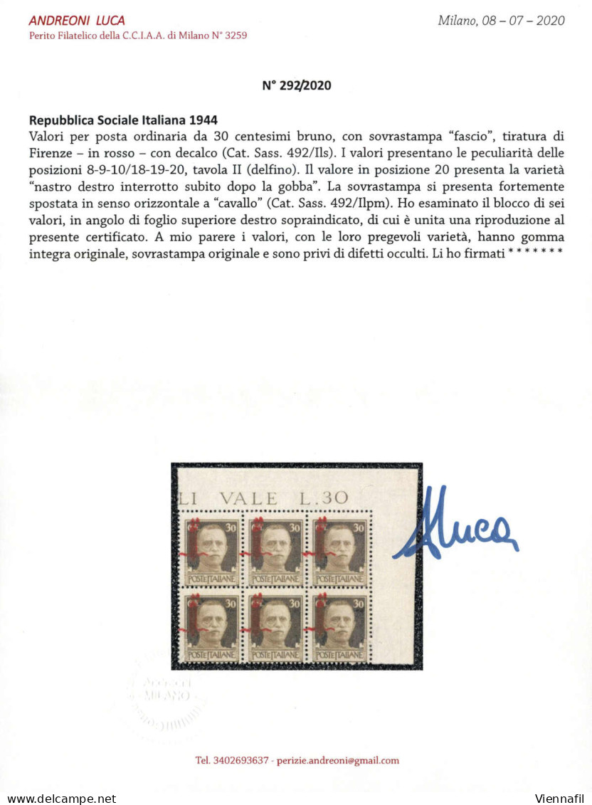 ** 1944, 30 C. Bruno Blocco Di Sei Angolo Di Foglio Con Soprastampa "fascio" In Rosso Tiratura Di Firenze, Tavola II, So - Altri & Non Classificati