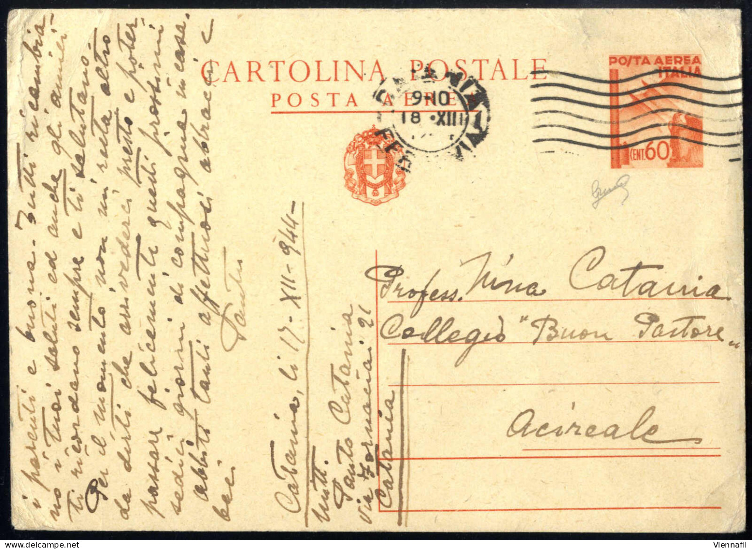 Cover 1944, Cartolina Postale Di Posta Area 60 C. Arancio (tariffa Ridotta Per L'interno) Spedita Il 18.12.1944 Da Catan - Autres & Non Classés