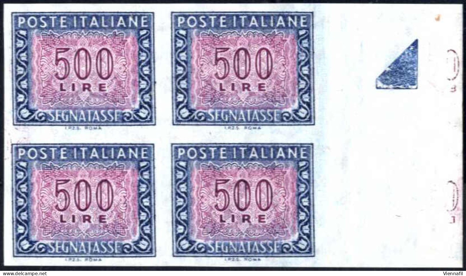 ** 1955, Segnatasse 500 L. Azzurro E Carminio In Blocco Di Quattro Bordo Di Foglio A Destra, Non Dentellato, Nuovo Con G - Sonstige & Ohne Zuordnung