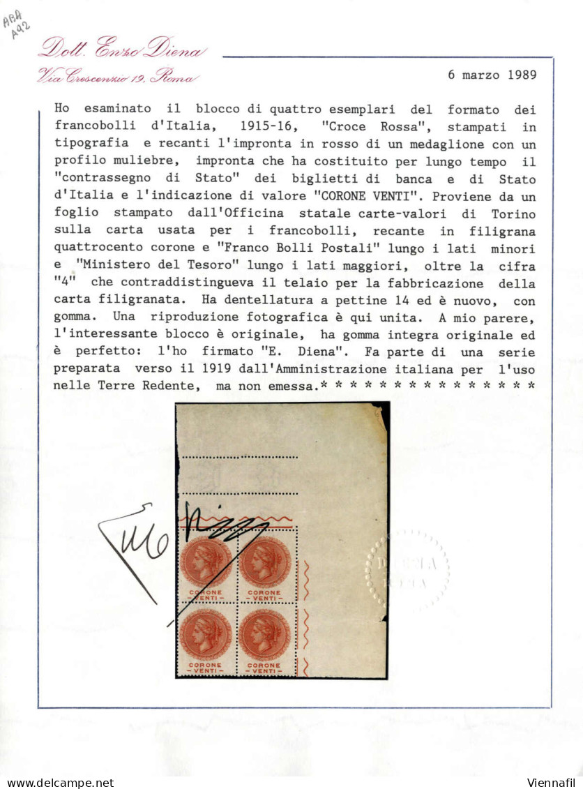 **/bof 1918-19, serie di cinque alti valori in quartine angolo di foglio superiore destro recanti l'impronta in rosso di