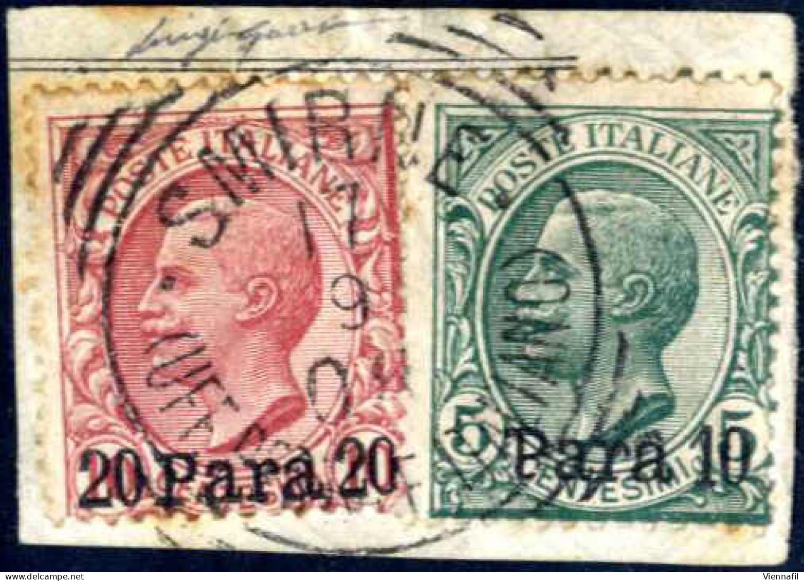 Piece 1908, Piccolo Frammento Di Lettera Affrancato Con 10 Para Su 5 C. Verde E 20 Para Su 10 C. Rosa, Annullo "SMIRNE ( - Albanië