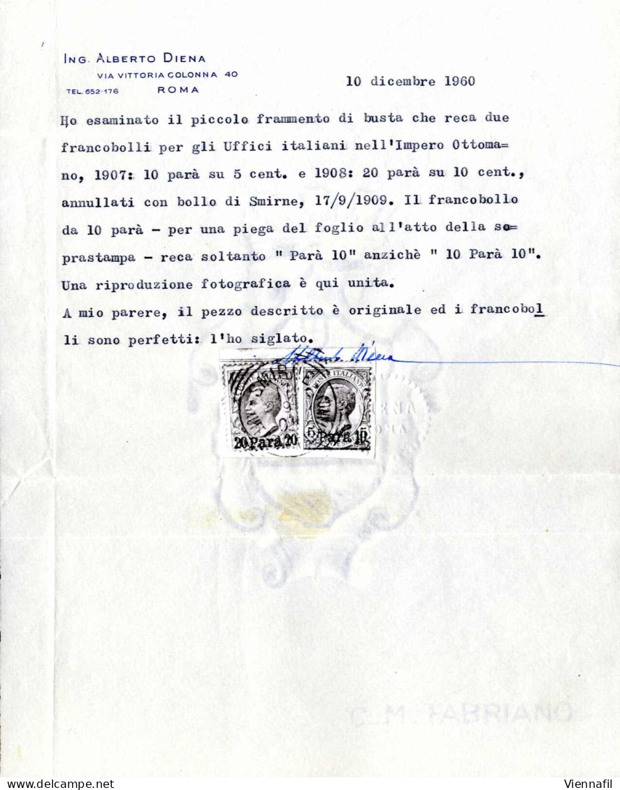 Piece 1908, Piccolo Frammento Di Lettera Affrancato Con 10 Para Su 5 C. Verde E 20 Para Su 10 C. Rosa, Annullo "SMIRNE ( - Albania