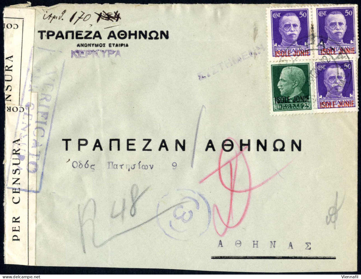 Cover 1942, Lettera Da Corfù Il 5.9 Per Atene, Affrancata Con 25 C. E Tre 50 C., Censurata, Sass. 4,6 - Ionian Islands