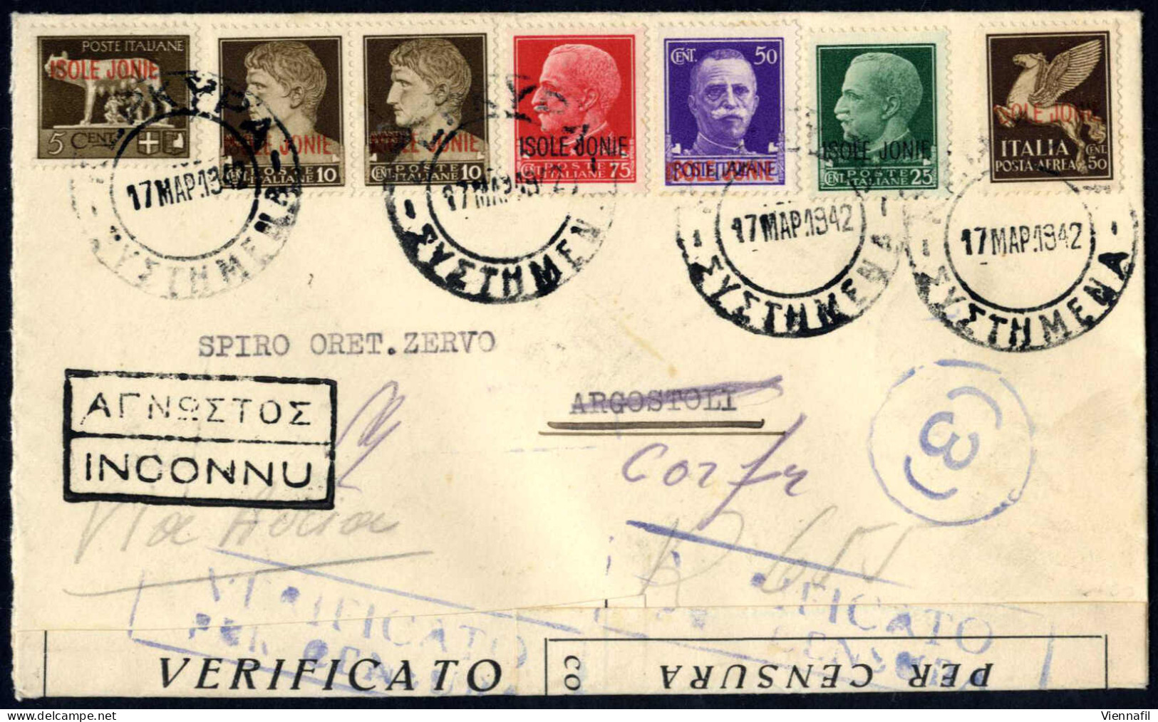 Cover 1942, Lettera Aerea Da Corfù Il 17.3 Per Argostoli, Affrancata Con 5 C., Coppia Del 10 C. Un 25 C, 50 C, 75 C E Ae - Ionische Inseln