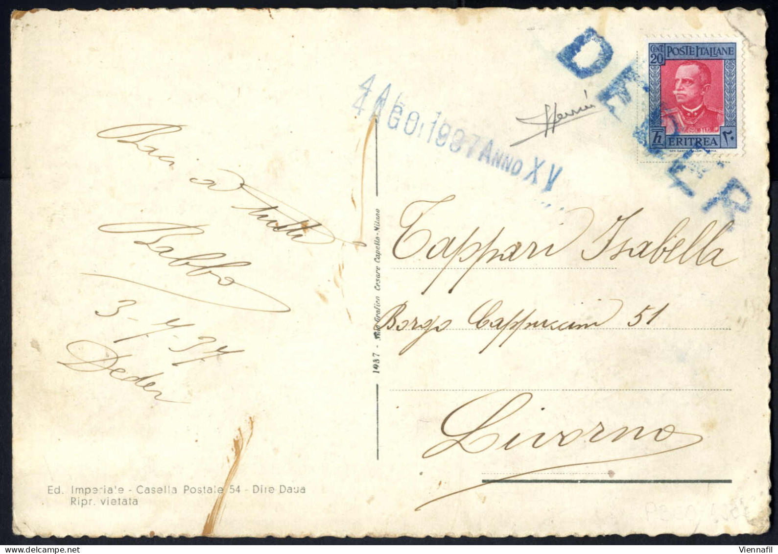 Cover 1937, Cartolina Illustrata Del 4.8.1937 Da Deder A Livorno, Affrancata Con 20 C. Azzurro E Rosa, Annullato Con Il  - Eritrea