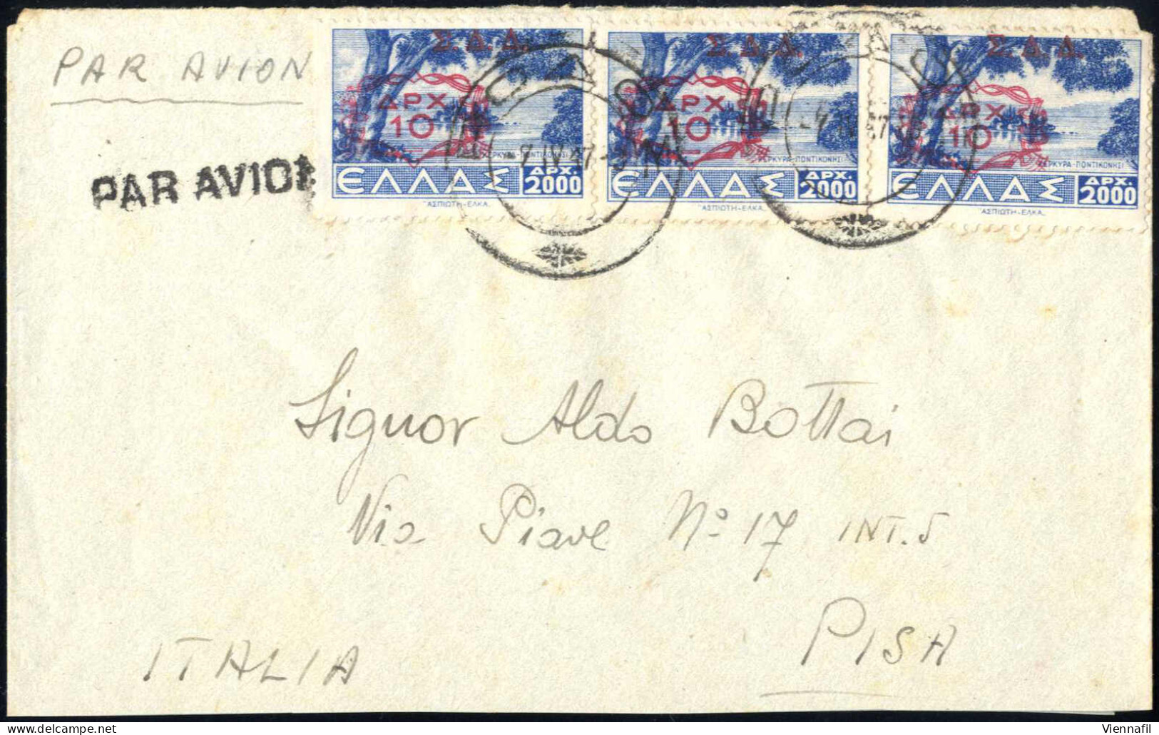 Cover 1947, Lettera Di Posta Aerea Del 7.4.1947 Da Rodi A Pisa, Affrancata Con Una Striscia Di Tre Del 10 Dr. Su 2000 Dr - Dodecaneso