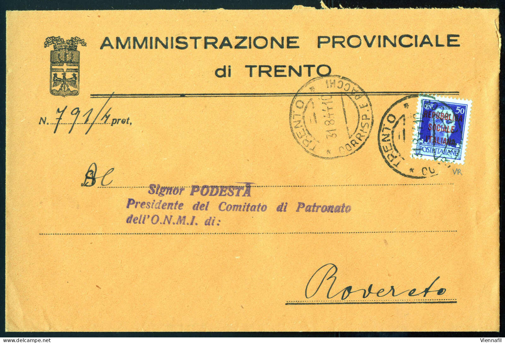 cover R.S.I. 1943/45 ca., insieme di 30 buste tutte indirizzate a Rovereto da varie località del Trentino, affrancate pr