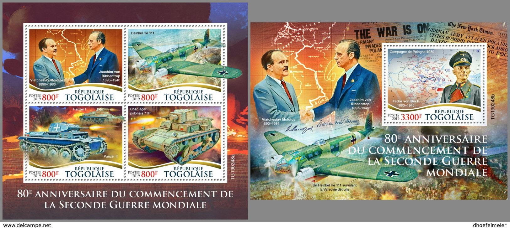 TOGO 2019 MNH Beginning WWII Kriegsbeginn 2. Weltkrieg Debut 2eme Guerre Mondiale M/S+S/S - OFFICIAL ISSUE - DH1931 - Guerre Mondiale (Seconde)