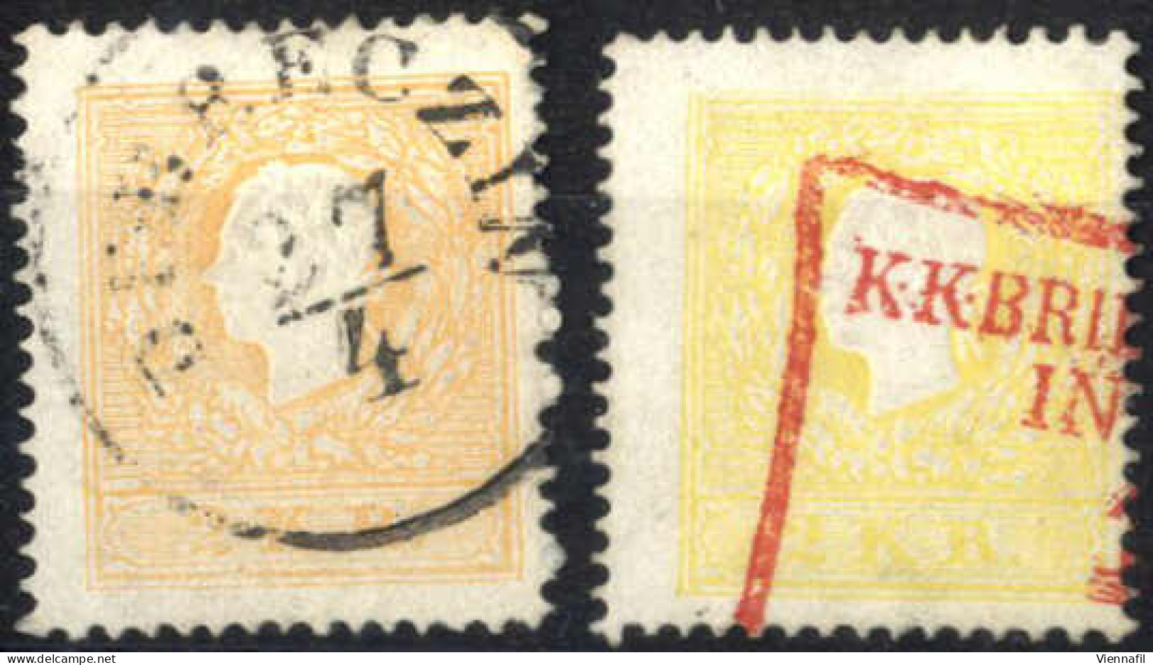 O 1858/59, 2 Kr. Hellgelb Mit Teil Eines Wiener Kastenstempels Und 2 Kr. Hellorange Mit Einkreisstempel Von "DEBRECZIN.. - Sonstige & Ohne Zuordnung