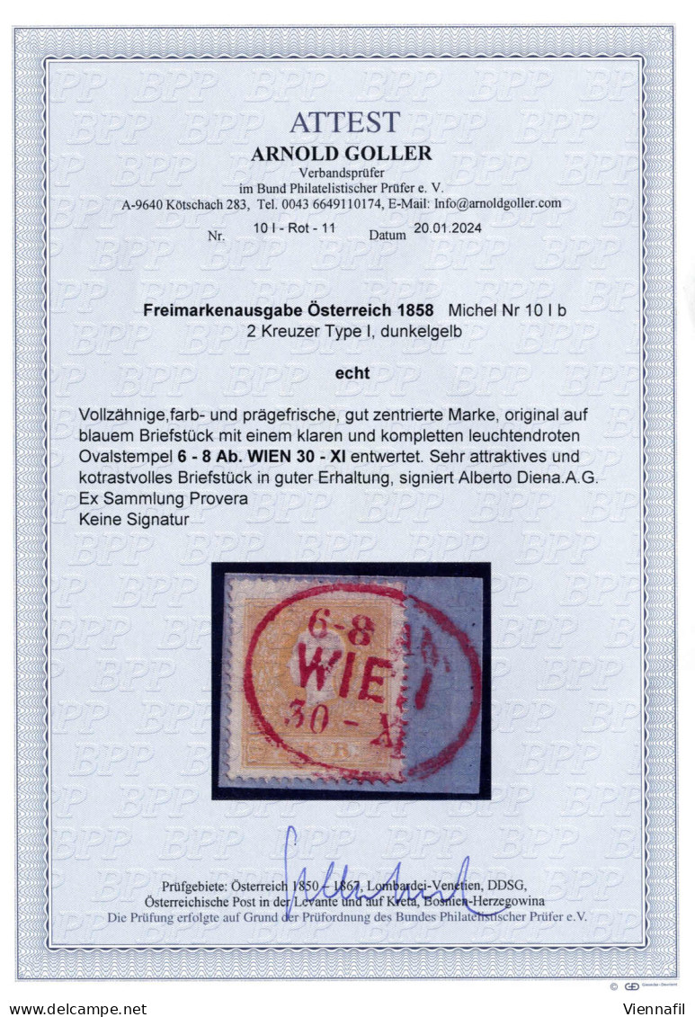 Piece WIEN 30-XI...., Roter Ovalstempel Auf Mit 2 Kreuzer Ty. I Frankiertem Briefstück, Ex Provera, Signiert Diana A.G., - Sonstige & Ohne Zuordnung