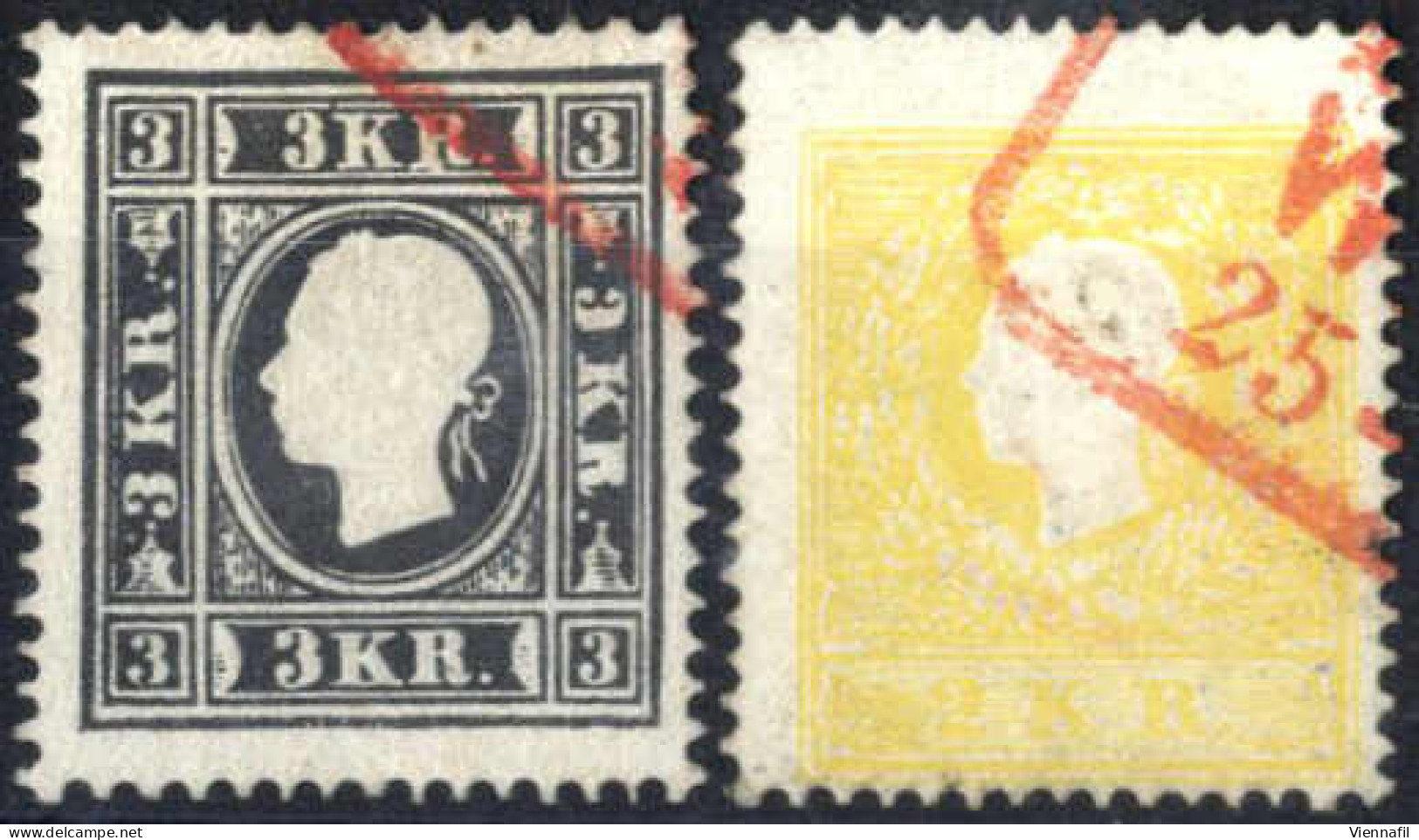 O 1858, 2 Kr. Gelb Und 3 Kr. Schwarz In Type I, Je Mit Rotem Teilstempel, Befund Dr. Ferchenbauer, Fe. 10Ia + 11Ib - Sonstige & Ohne Zuordnung