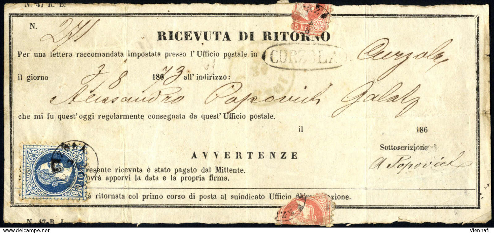 Cover 1873, Ricevuta Di Ritorno (Retour-Recepisse) Für Einen Rekommandierten Brief Vom 3.8.1873 Von Curzola Nach Galatz  - Altri & Non Classificati