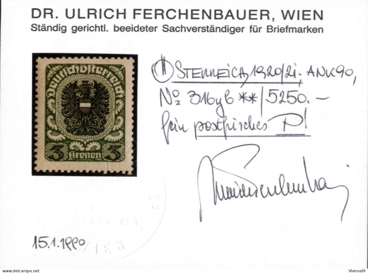 ** 1920/21, 3 Kronen Dickes Graues Papier Dunkelgrün/schwarzgrün, Postfrisch, Attest Ferchenbauer, ANK 316yb - Otros & Sin Clasificación