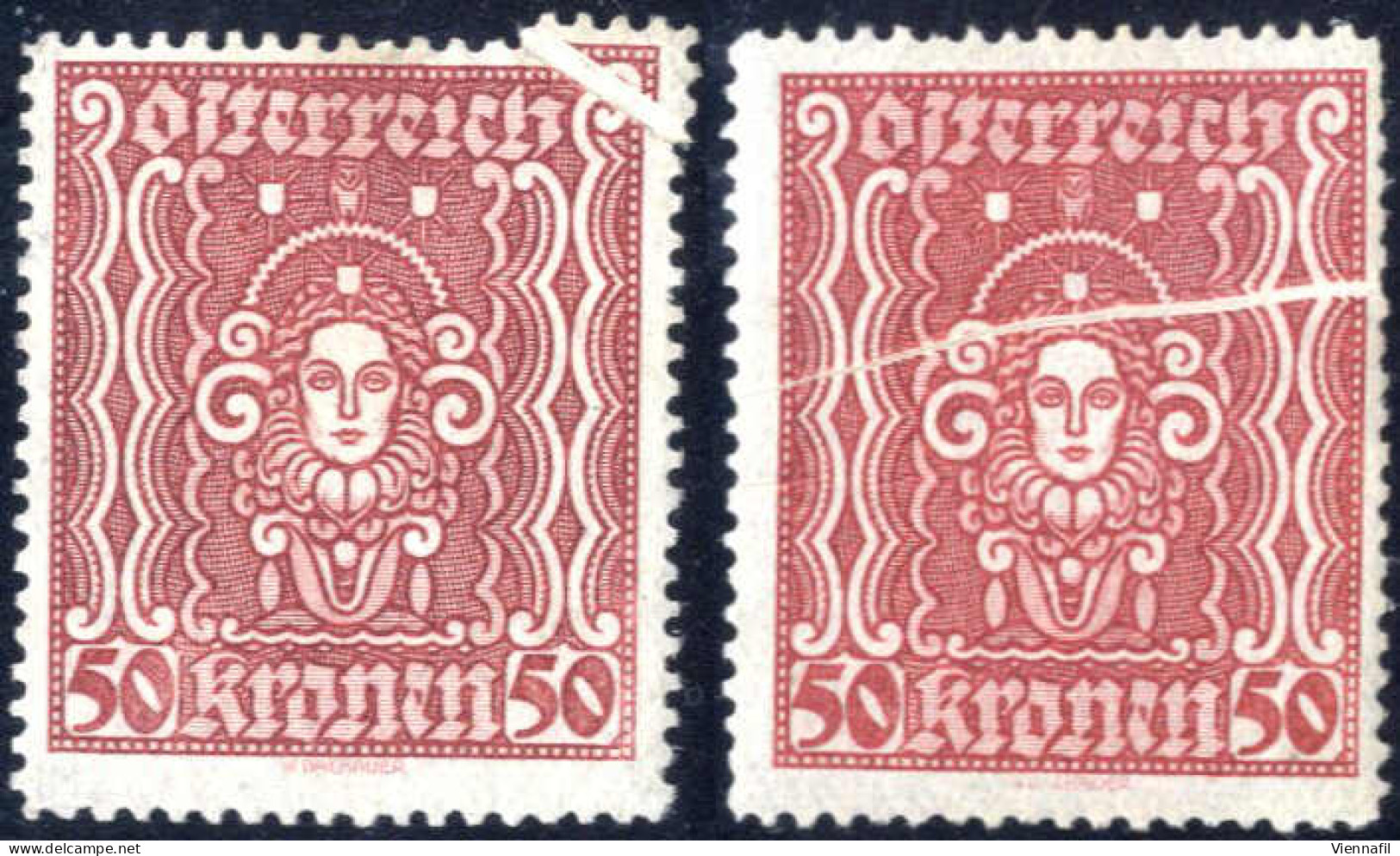 ** 1922/24, Frauenkopf 50 Kr Bräunlichrot Type I + II Je Mit Quetschfalte, Postfrisch, ANK 400 I+II - Autres & Non Classés