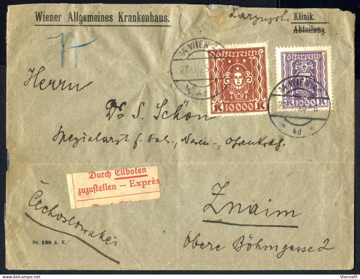 Cover 1925, Wiener Rohrpostbrief, Frank. Mit 10000+1000 K., Entw. Mit 2 Brückenstpl. "3/1 WIEN 40.....", Per Rohrpost An - Autres & Non Classés