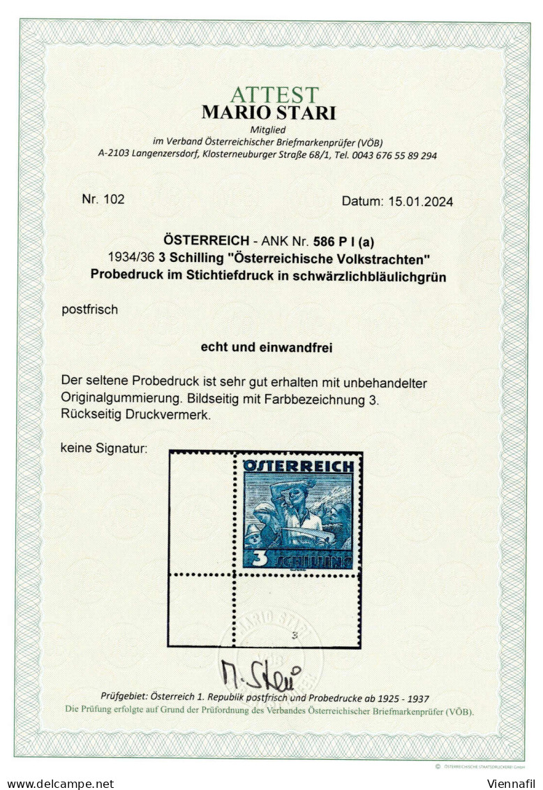 ** 1934/36, Volkstrachten, Probedruck Im Stichtiefdruck, Gezähnter Einzelabzug 3 S Schwärzlichbläulichgrün, Postfrisch,  - Other & Unclassified