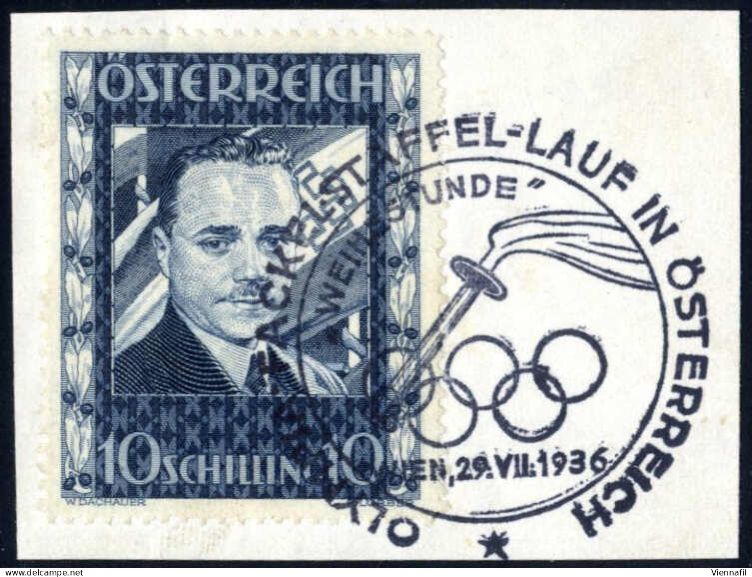 Piece 1936, 10 Schilling "Dollfuß" Dunkelblau Auf Briefstück; Dekorativ Mit Dem Sonderstempel "OLYMPIA FACKELSTAFFEL-LAU - Andere & Zonder Classificatie