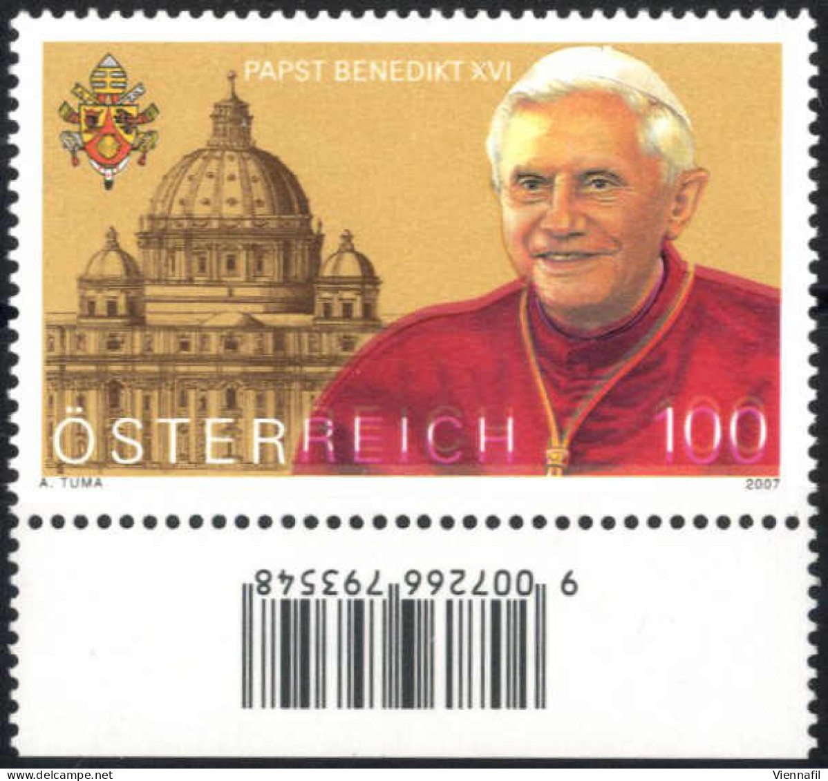 ** 2007, Papst Benedikt XVI Mit Verschobener Farbe Purpurlila, Postfrisches Unterrandstück, Attest Soecknick, ANK 2977 I - Andere & Zonder Classificatie