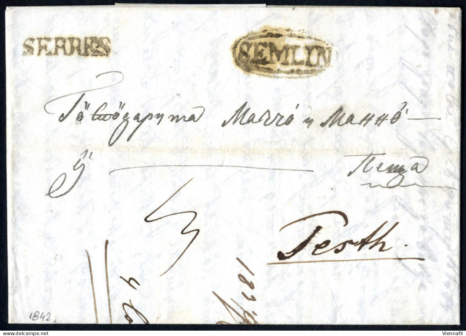 Cover 1842, Brief Aus Serres Am 12.5. über Semlin (dort Durch Rastellöchern Desinfiziert) Rückseitig Stempel "Neto Di Fu - Oriente Austriaco