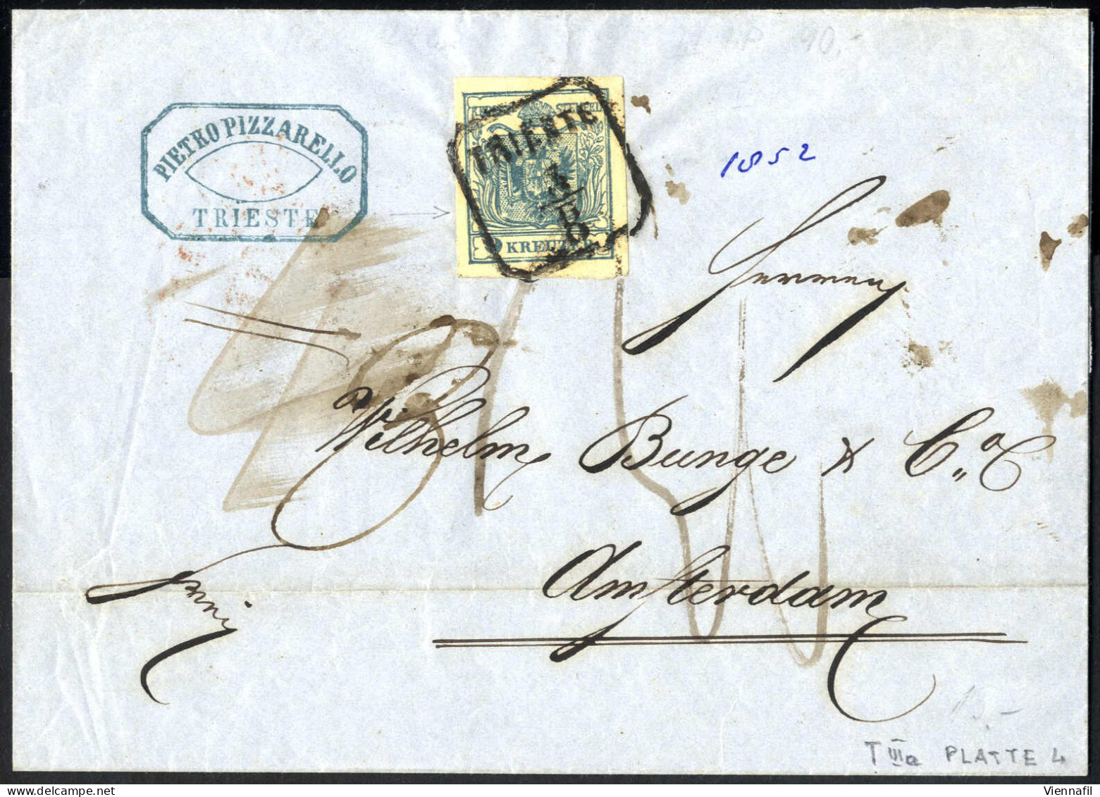 Cover 1852, Brief Von Triest Am 3.8. Nach Amsterdam (Niederlande), Frankiert Mit 9 Kr. Blau Type IIIa Platte 4 Handpapie - Levante-Marken