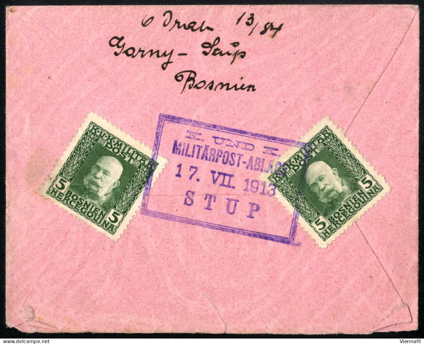 Cover 1912, K.UND.K. / MILITÄRPOSTABLAGE / 17.VII. 1913 / STUP, Violetter Kastenstempel Auf Mit 5(2) Heller KFJ, Rücksei - Other & Unclassified