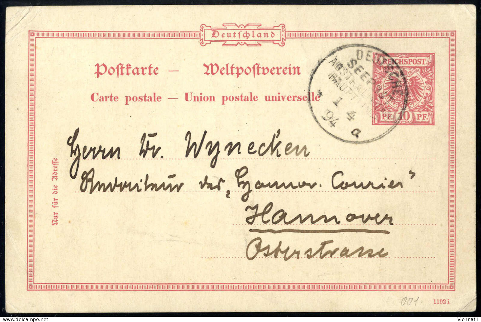 cover 1894/1912, zwei Schiffspostkarten der australischen Hauptlinie: a) Postkarte mit Werteindruck 10 pf. rot (P 25) vo