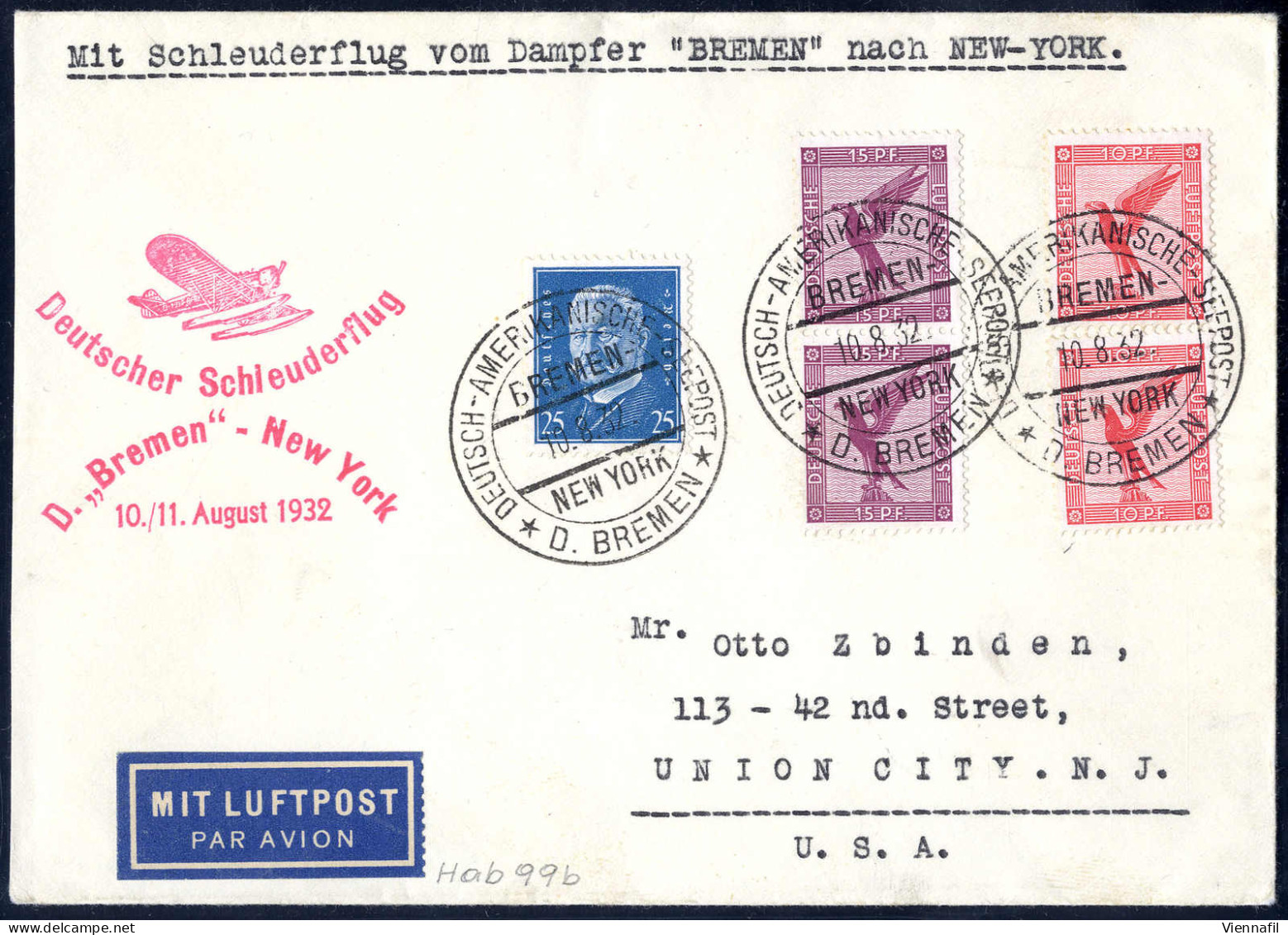 Cover 1932, Zwei Schleuderflugbriefe, Einer "Bremen-Southampton 17.8.1932" Nach Hedingen (Schweiz), Der Zweite Bremen-Ne - Otros & Sin Clasificación