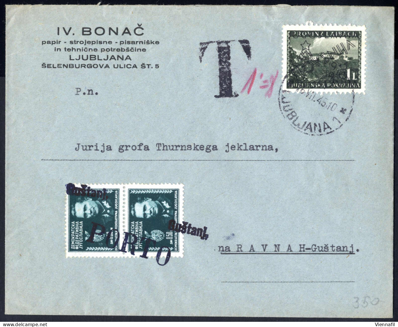 Cover 1945, Mit 1 L. Schwarzgrün Der Ausgabe Provinz Laibach Mit Aufdruck "JUGOSLAVIJA/*/SLOVENIJA/9*5/1945/JUGOSLAVIJA" - Autres & Non Classés