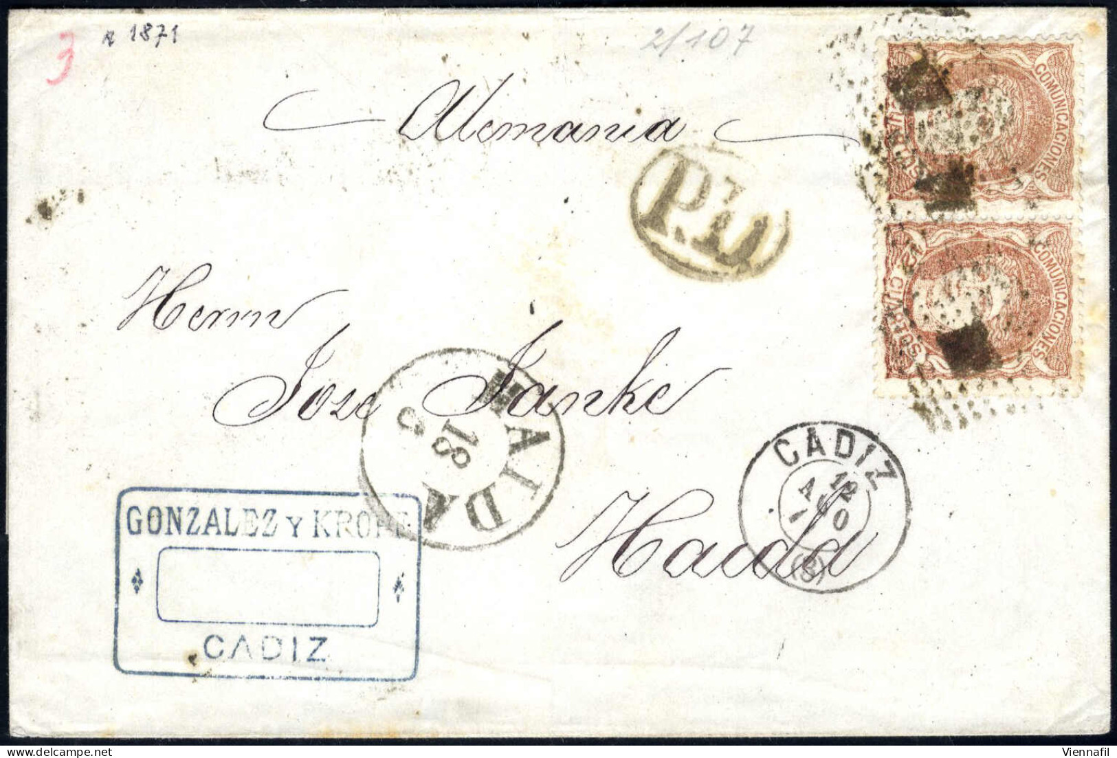 Cover 1871, Letter Dated 12.8.1871 From Cadiz To Haida (Germany), Franked With A Horizontal Pair 12 C. Red-brown, Tied W - Autres & Non Classés