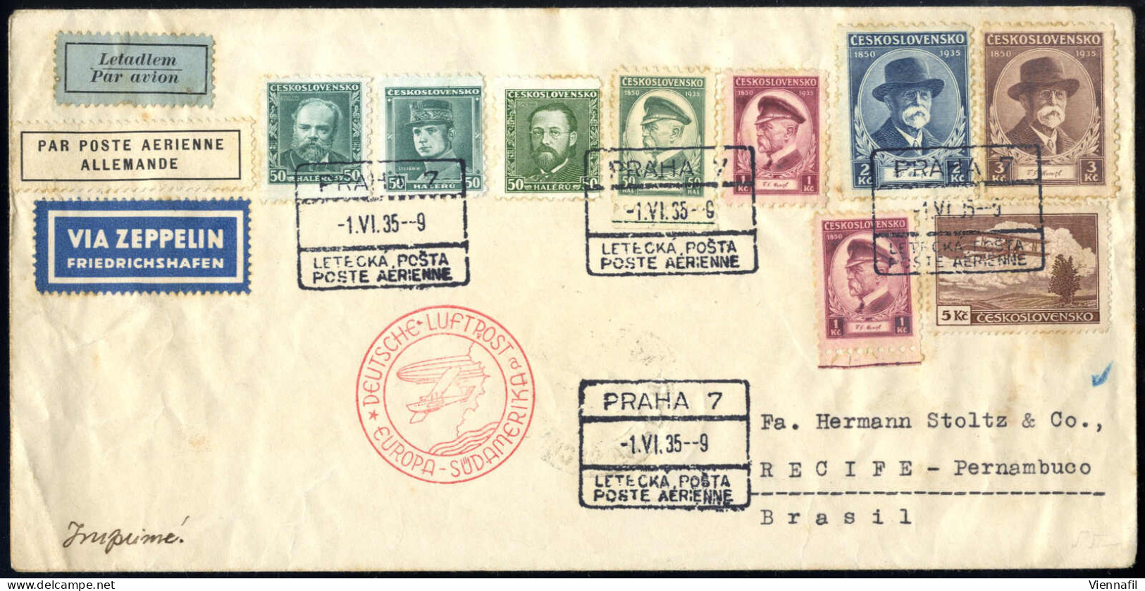 Cover 1935, Prag, Zeppelin-Mitläufer; Frankiertes Kuvert Mit Sonderstempel "DEUTSCHE-LUFTPOST EUROPA-SÜDAMERIKA", Mit Au - Andere & Zonder Classificatie