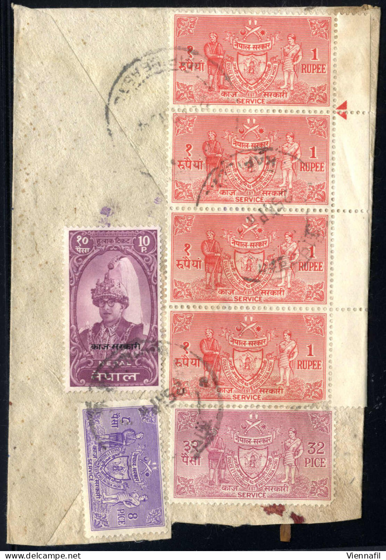 Cover 1959, Drei Dienstbriefe Frankiert Mit Dienst 8 P. + 32 P. + Viererstreifen 1 R. + 1 R. Mit Aufdruck "Kaj Sarkari,  - Nepal