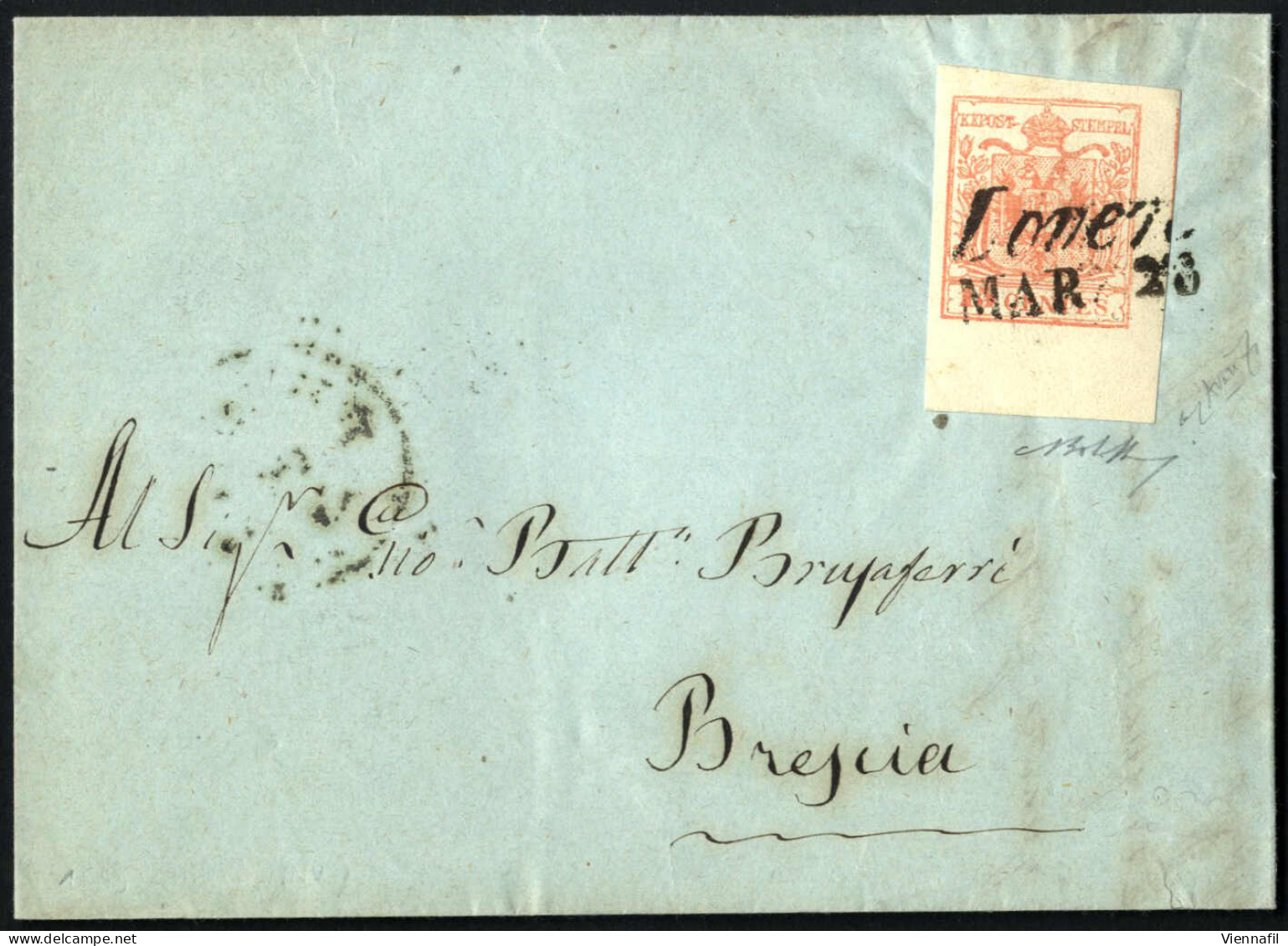 Cover 1854, Lotto Di Tre Lettere, Una Affrancata Con 15 Cent Econ 9 Mm Bordo Di Foglio E Datario Invertito "LOVERE MAR 2 - Lombardije-Venetië