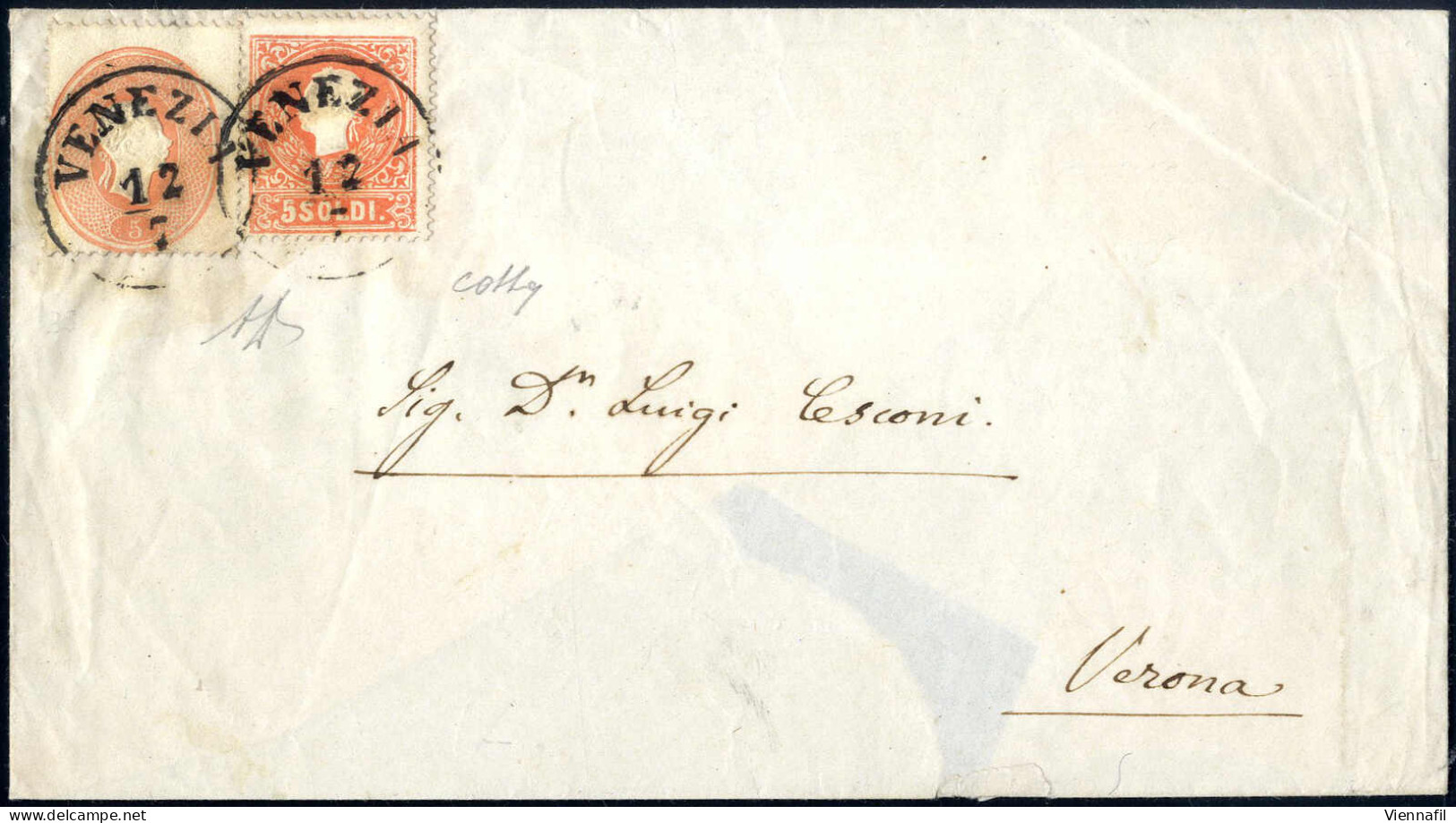 Cover 1861, Rara Affrancatura Mista 5 Soldi II° Tipo (1859) E 5 Soldi (1861) Su Lettera Spedita Da "VENEZIA 12/7" (annul - Lombardije-Venetië