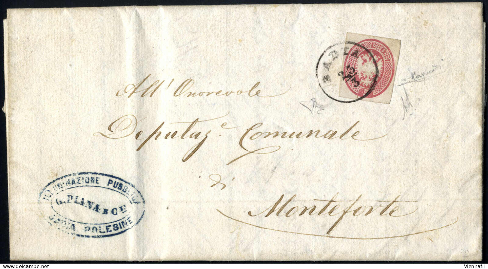 Cover 1863, Ritaglio Di Intero Postale Da 5 Soldi Su Lettera Spedita Da "BADIA 23/3" (annullo C1) A Monteforte, Cert. E. - Lombardo-Venetien