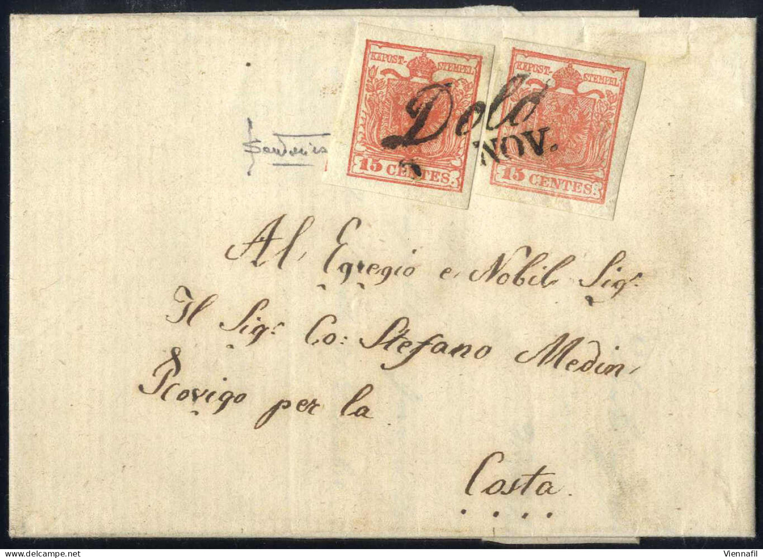 Cover Dolo, (Cor. Punti 3) Lettera Del 2.11.1854 Per Costa Affrancata Con Due 15 C. Rosso (due Sfumature) III Tipo Carta - Lombardo-Venetien