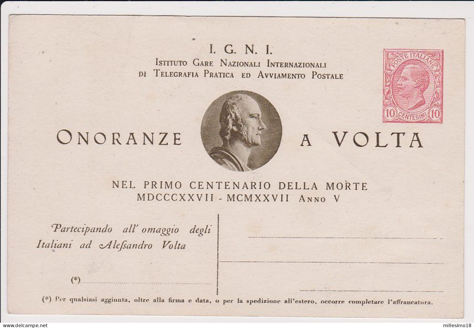 Italia 1926 1927 Intero Postale Commemorativo Onoranze A Volta Nuovo LEGGI - Postwaardestukken