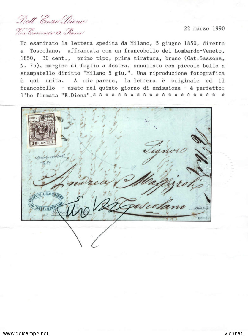 Cover Milano, (SD I Punti 6) Lettera Del 5.6.1850 Quinto Giorno D`uso Per Toscolano, Affrancata Con 30 C. Bruno Chiaro I - Lombardo-Venetien