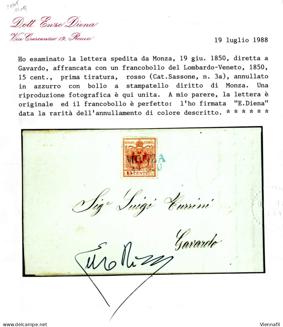 Cover Monza, (SD Azzurro Punti R1) Del 19.6.1850 Dicianovesimo Giorno D`uso Per Gavardo, Affrancata Con 15 C. Rosso I Ti - Lombardo-Venetien