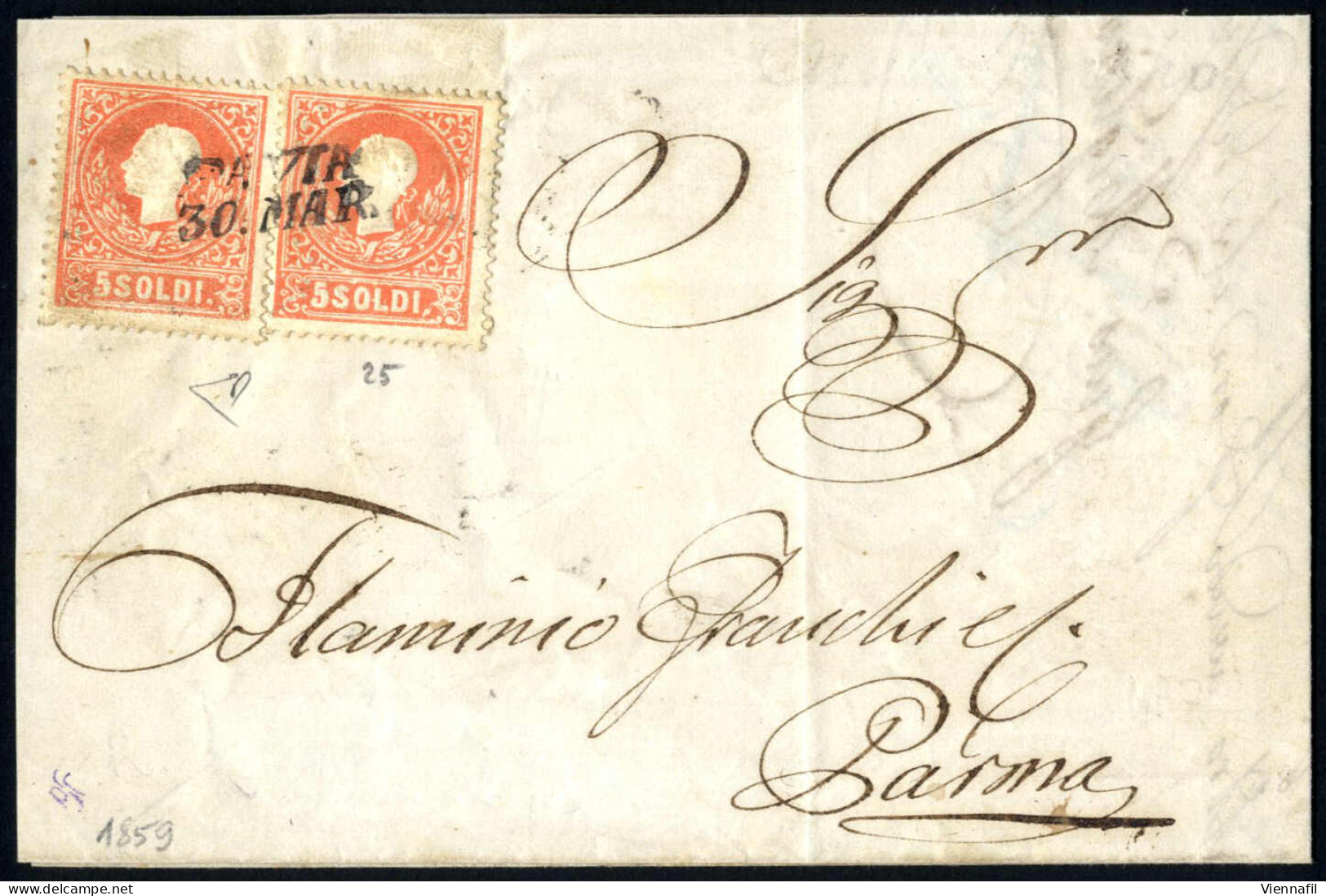 Cover PAVIA 30 MAR (annullo SI) Su Due 5 Soldi I°tipo, Lettera Spedita A Parma, Sass. 25/ P.9 - Lombardo-Venetien