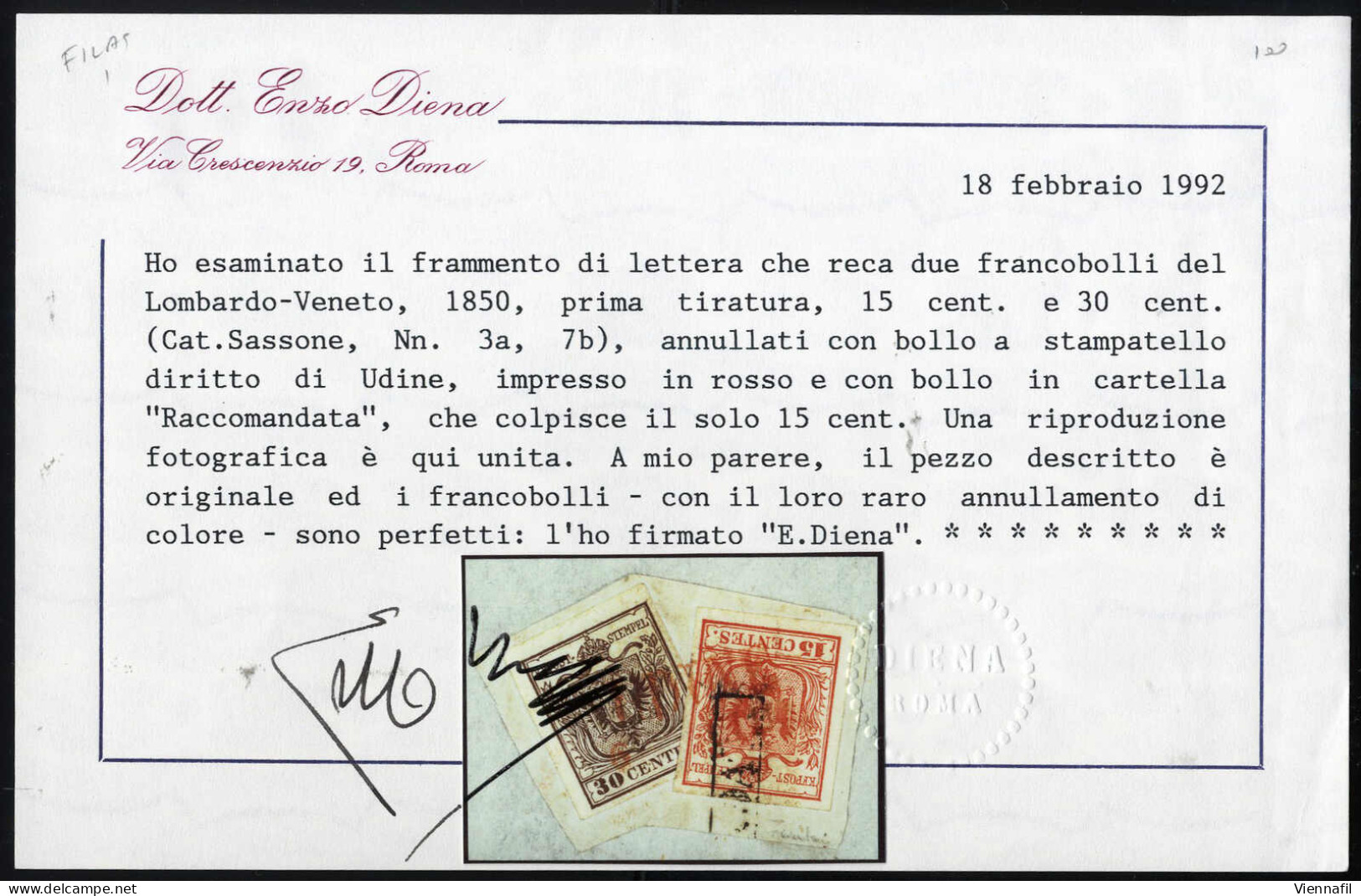 Piece Udine, (SD Rosso E RACC. Punti R4) Frammento Con 15 Cent. Rosso E 30 Cent. Bruno I Tipo Prima Tiratura Carta A Man - Lombardo-Vénétie