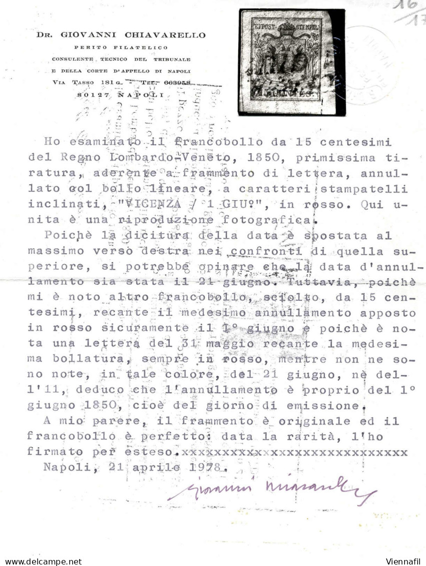 Piece VI(CENZA 1 GIU) In Rosso (annullo SI (R)) Su Piccolo Frammento Con 15 Cent I° Tipo, Primo Giorno D'emissione, Cert - Lombardo-Venetien