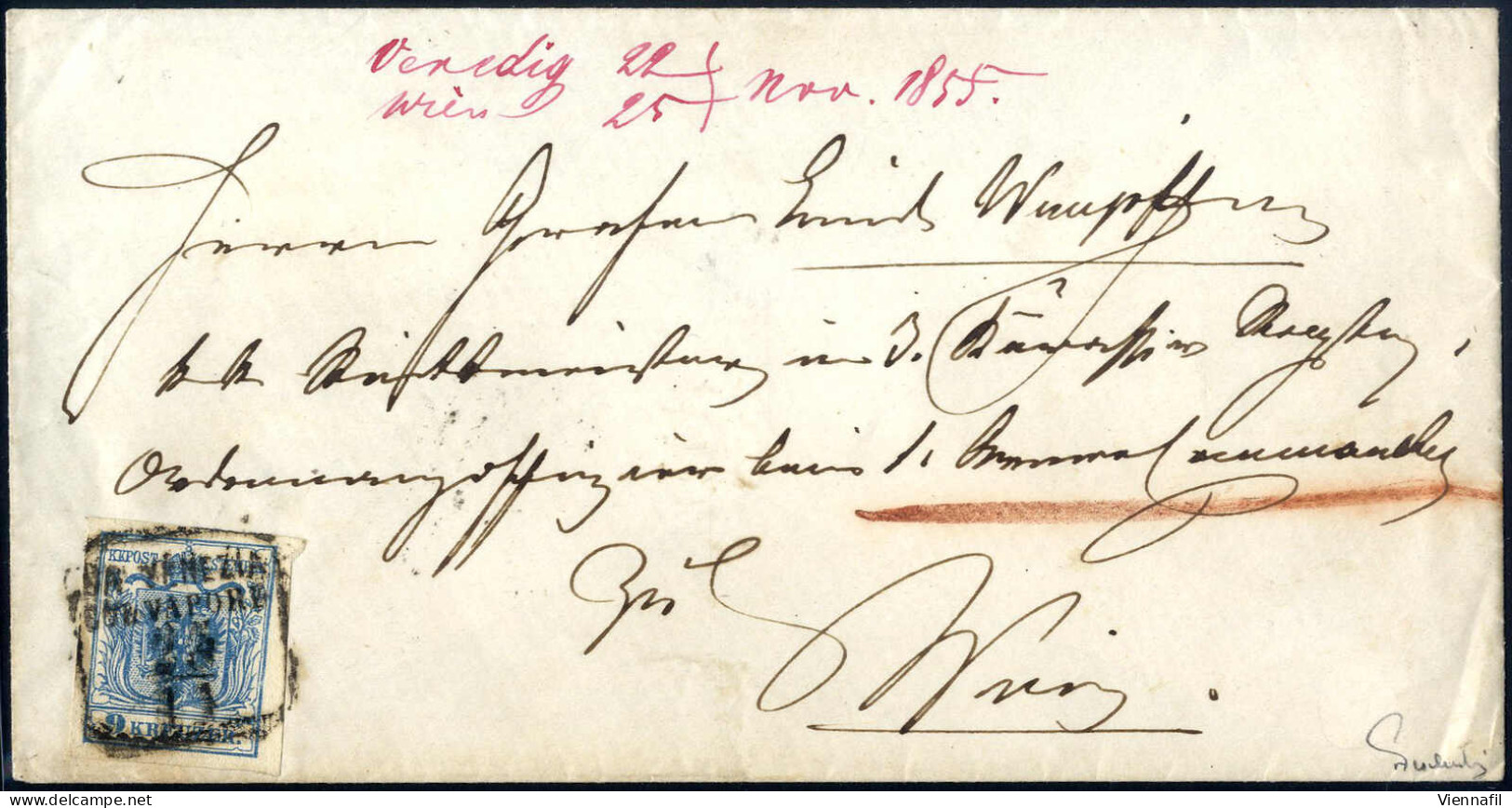 Cover 1854, Lettera Affrancata Con 9 Kreuzer Carta A Macchina Annullata "DA VENEZIA COL VAPORE 25/11" Spedita A Vienna,  - Other & Unclassified