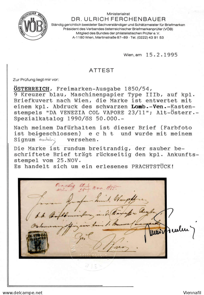 Cover 1854, Lettera Affrancata Con 9 Kreuzer Carta A Macchina Annullata "DA VENEZIA COL VAPORE 25/11" Spedita A Vienna,  - Other & Unclassified