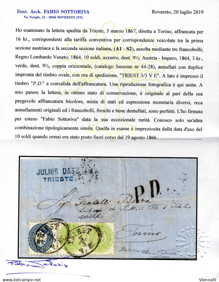 Cover 1867, Affrancatura Mista Soldi - Kreuzer Tra Un Valore Di 10 Soldi Ed Una Coppia Del 3 Kreuzer Su Lettera Da "TRIE - Lombardo-Venetien