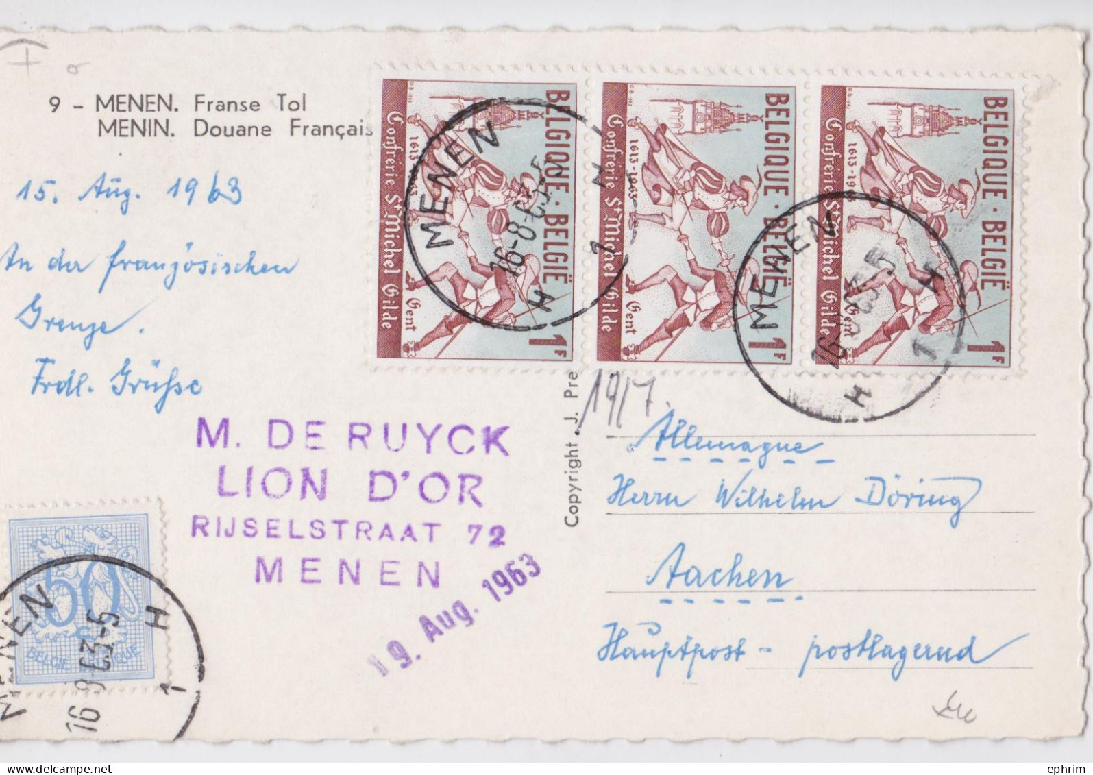 Menen Menin Franse Tol Douane Française Voiture 2cv Citroën Tampon De Ruyck Lion D'Or Cachet Postal Timbre Belgique 1963 - Menen