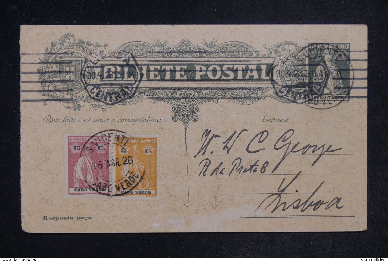 CAP VERT - Entier Postal + Complément De St Vincent Pour Lisbonne En 1928 - L 152427 - Cap Vert