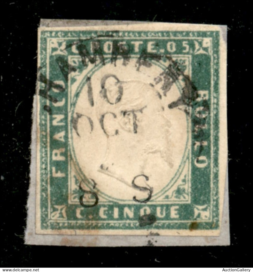Antichi Stati Italiani - Sardegna - 1855 - 5 cent (13d - verde smeraldo) usato a Chambery su frammento - cert. AG (950)