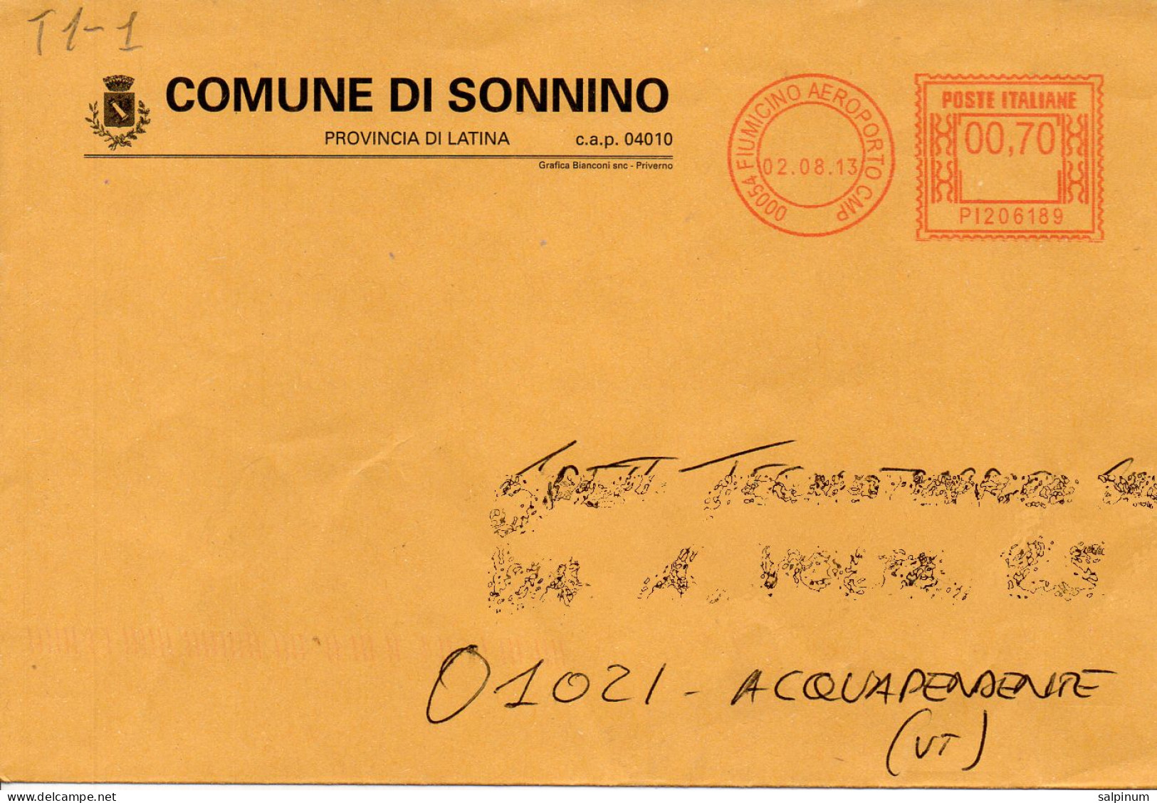 Stemma Comune Di Sonnino (Provincia Di Latina) Su Busta Tipo 1 Anno 2013 - Enveloppes