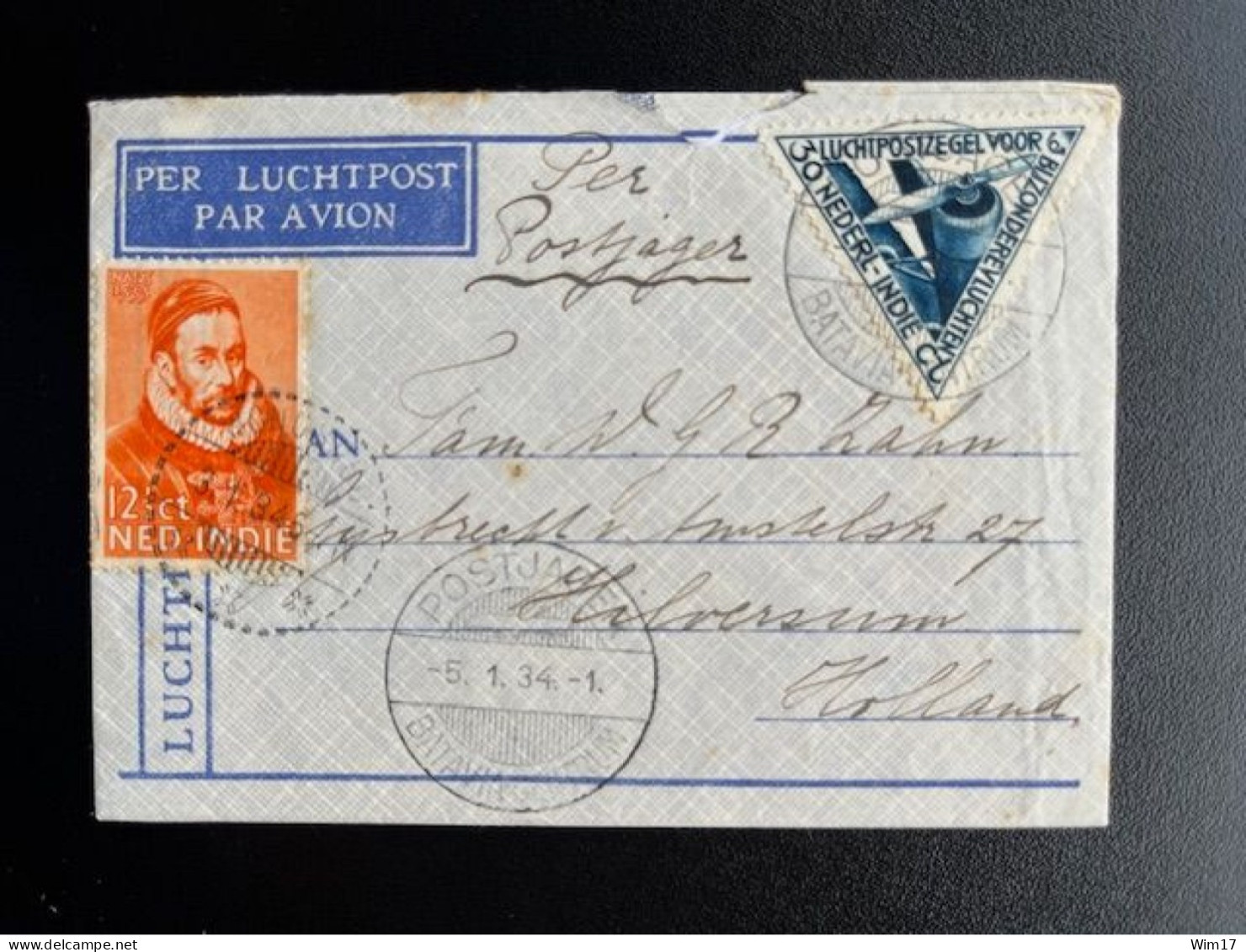 DUTCH EAST INDIES 1933 AIR MAIL LETTER WONOSOBO TO AMSTERDAM 03-01-1934 NEDERLANDS INDIE POSTJAGER 05-01-1934 - Indie Olandesi